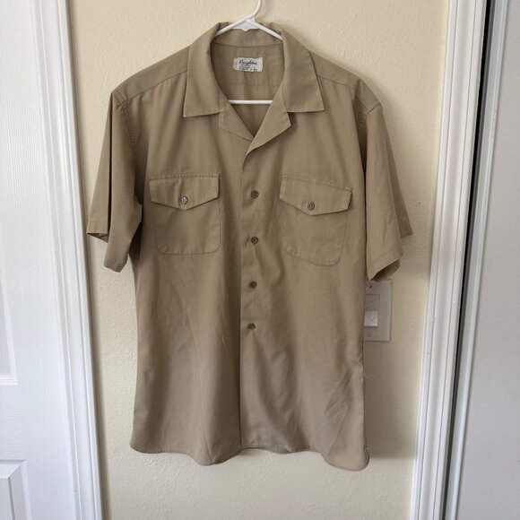 Vintage Creighton Khaki Beige Short Sleeve Button-Up Shirt  Mens L - Picture 1 of 4